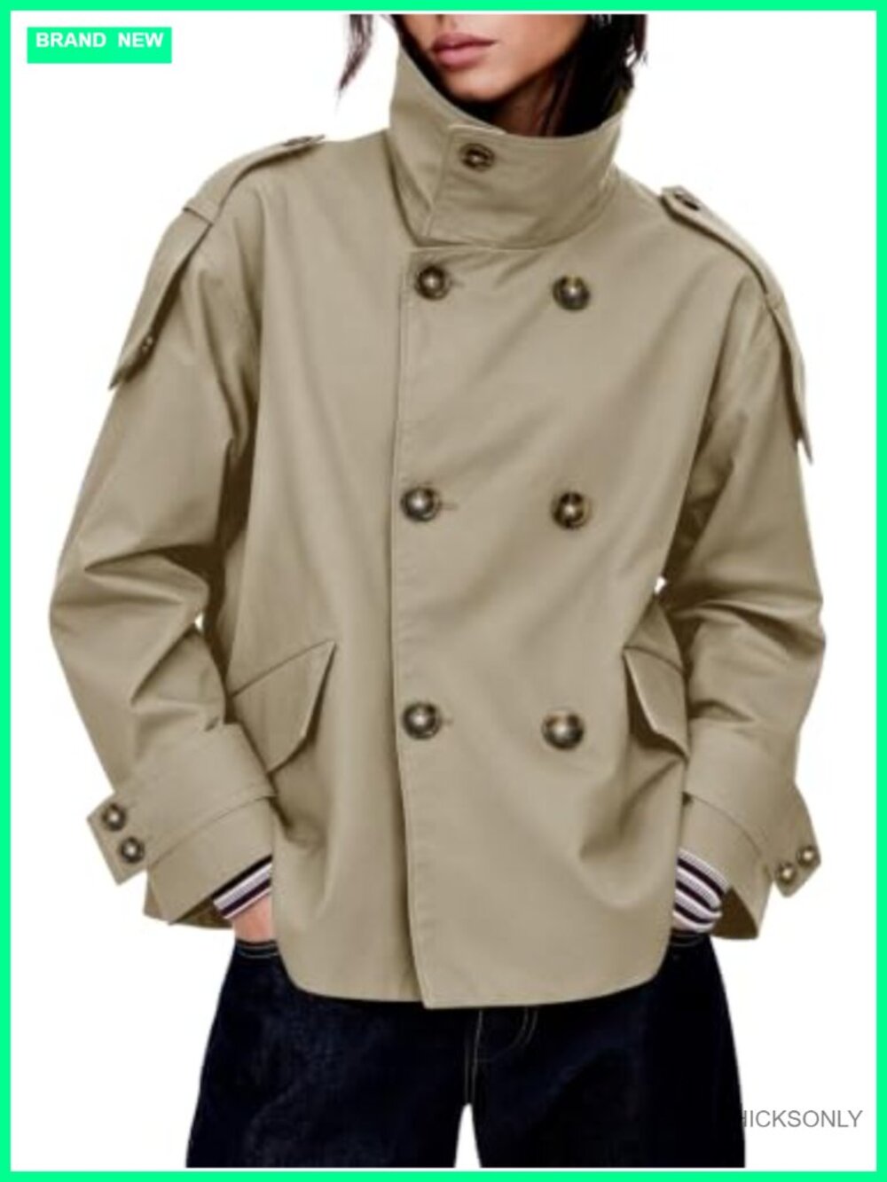 Oversized Cropped Trench Coat Double Breasted Casual Jacket